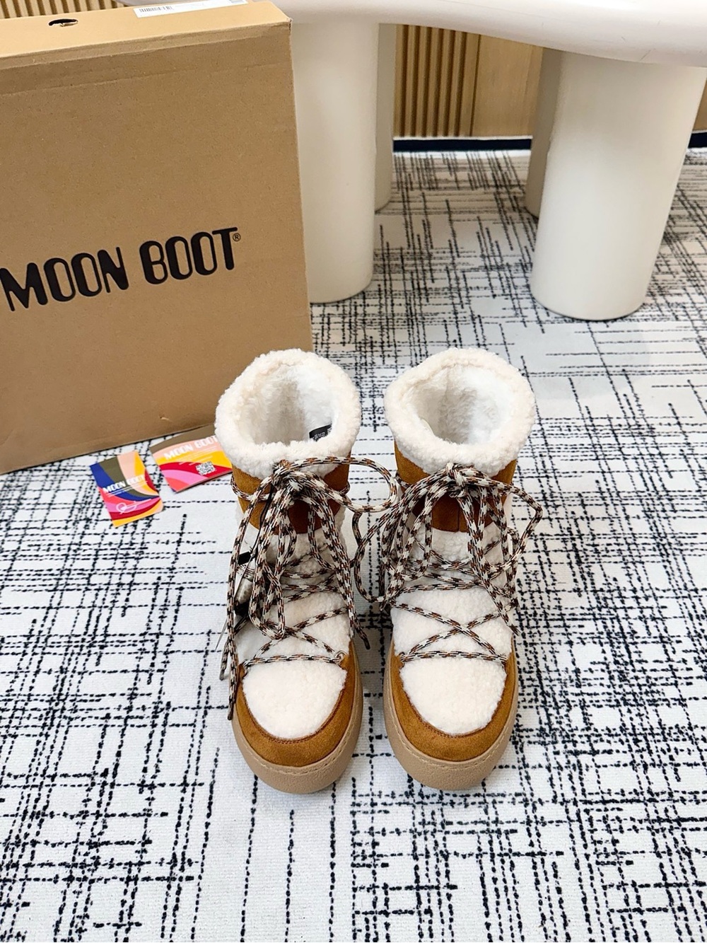 Moon Boot Women's Tan and White Shearling Lace-Up Winter Boots